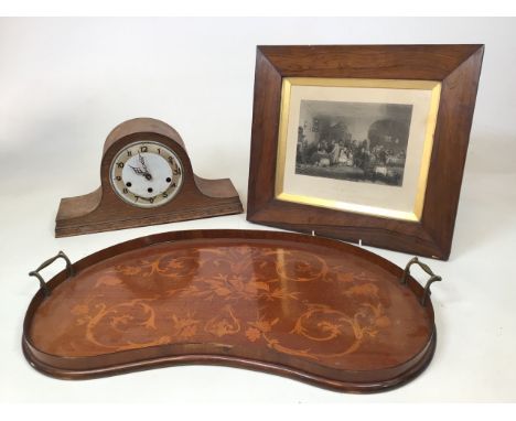 An inlaid kidney shaped Edwardian wooden tray with brass handles together with a print of Rent Day and a mantle clock ( not r