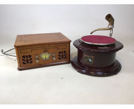 An unusual vintage circular  HMV gramophone together with an ITEK record player and radio. No horn on the HMV gramophone