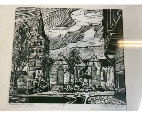A hand signed woodcut print of Herford Minister signed by the artist and dated 75. W:48cm x H:41cm