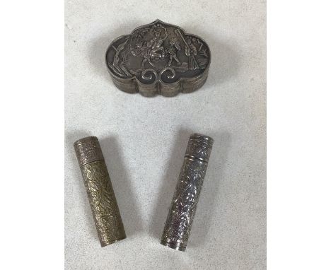 A Chinese silver pill box together with two swings metal toothpick holders W:6cm x D:4.5cm x H:2.5cm