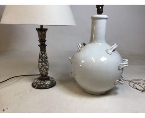 A pair of lamp bases one, a mid century ceramic base together with a painted wooden base H:44cm Ceramic base to top of holder
