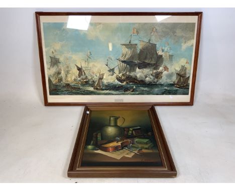An original 20th century oil on canvas signed L Habady also with a very large Naval print. Mr Pepys Navy by Letser A Wilcox. 