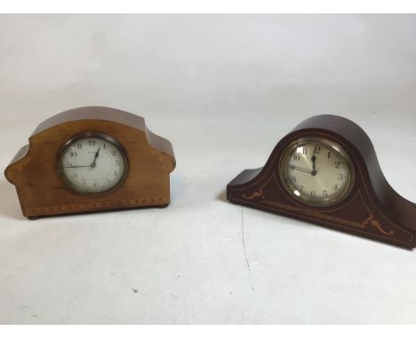 A pair of 8 day wooden mantle clock both with inlaid decoration. Height approx 15 cm. untested.