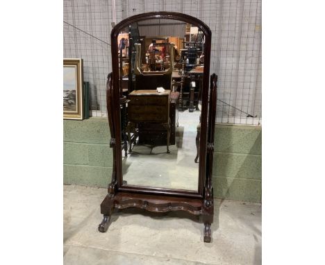 A large mahogany cheval mirror. W:83cm x D:63cm x H:155cm