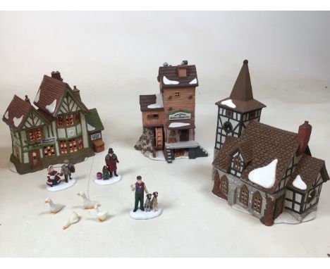Heritage Village Collection - three Dickens Village series ceramic buildings: Great Denton Mill, Hembleton Pewterer, and Old 