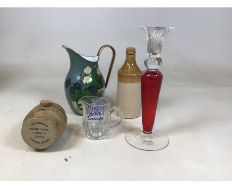 A Whiteways ceramic advertising barrel together with a glass Senior Service jug, a painted enamel jug and other items H:13cm 
