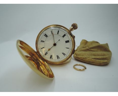 An Edwardian 18ct gold top wound Hunter chronograph pocket watch, movement no: 16881 having a Roman numeral dial with perimet