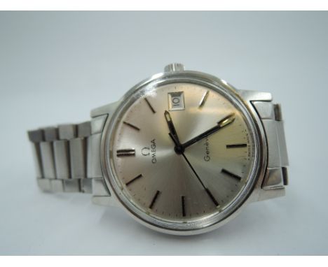 A gent's 1970's Omega Geneve automatic wrist watch having a baton numeral dial and date aperture to silvered face,approx 35mm