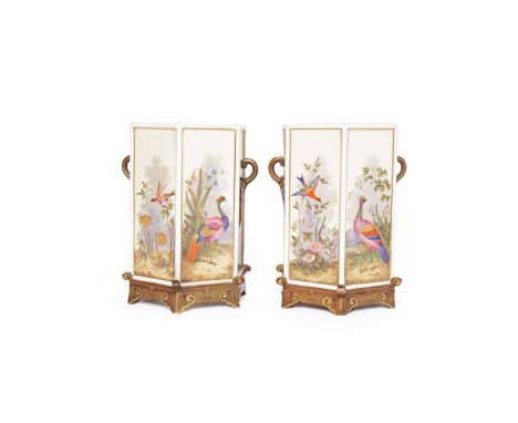 PAIR OF LATE 19TH CENTURY ROYAL WORCESTER HEXAGONAL VASESstamped to base with impressed mark, panels painted with exotic bird
