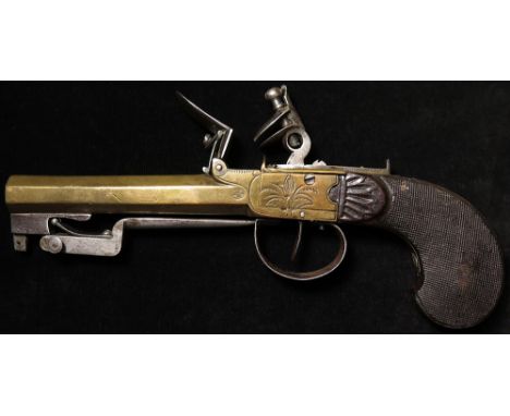 A good flintlock boxlock pistol with spring bayonet. Brass barrel & frame with Belgian proof 'ELG' (Liege): centrally mounted