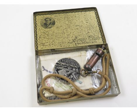 WW1 selection a 1918 Hudson whistle on lanyard, a French 75 Handkerchief, Army club cigarette box, etc