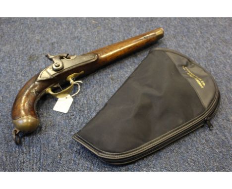 Pistol: A massive German Cavalry percussion, single shot pistol circa 1840 to 1855. Damascus barrel 10" bore approx 13 bore. 