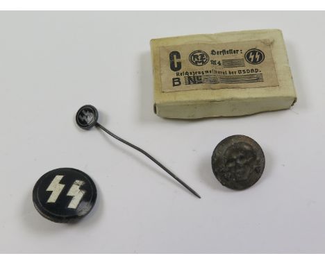 German SS lapel badge & stick pin, Totenkopf cap badge button and a small box with SS markings, mostly GVF