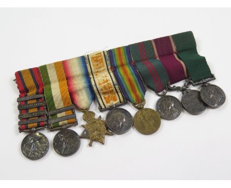 Original miniature medal group mounted as worn - QSA with bars CC/TH/Tr/ORC, KSA with bars SA01/SA02, 1915 Star Trio, 1911 Co