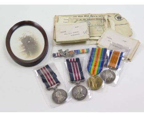 Military Medal (double issue) group with boxes of issue, ribbon bar and shoulder title, War Office letter re issue of an MM 7