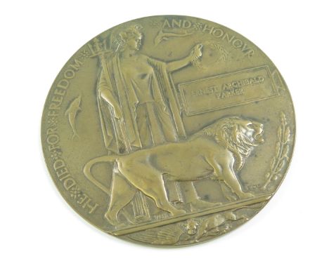 Death Plaque to 15998 L/Cpl Ernest Archibald Parker 8th Bn Somerset L.I. Killed In Action 1/7/1916 (First Day of the Somme). 