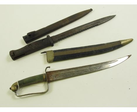 Bayonet: A German saw back model 1884/98 knife bayonet in its steel scabbard. (grips replaced, button spring missing) Worn ov