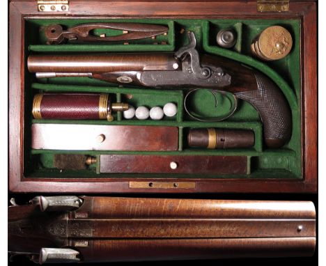 Pistol: A good cased double barrelled percussion pistol circa 1850. Made by 'C. Moore of London' (C. Moore 77st James Street 