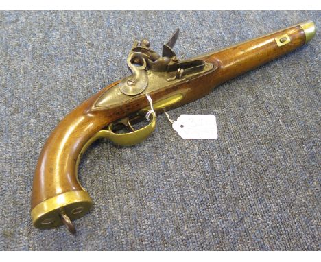 A Flintlock Belgian pistol for Sea Service. Ring neck cock, barrel 9". Crisp action on 1st & 2nd cock. Brass furniture with b