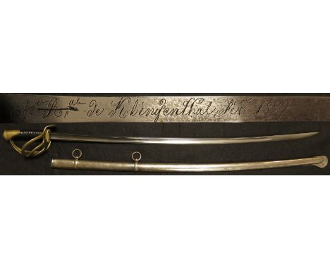 A French Cuirassiers Sword dated 1829. Heavy s/e fullered blade 38". Four bar brass hilt with Phrygian Pommel (see Mod 1854 C