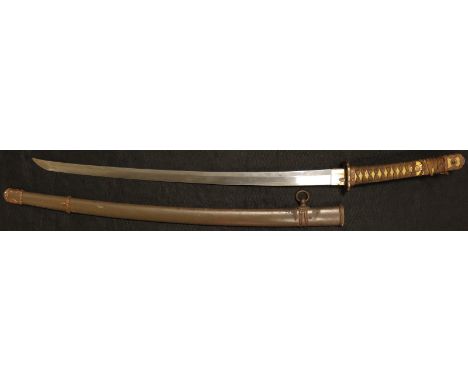 WW2 Japanese Type 98 Shin Gunto. Clean blade 27". Hilt with brown tape (loose at top) binding over (rayskin) same. Cherry blo