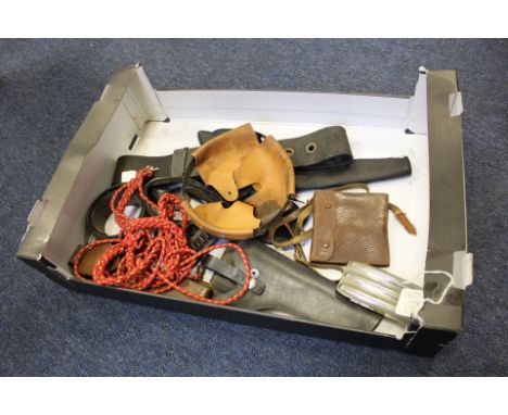 A box of useful and interesting leather work including: helmet liner, U.S Civil War holster for Colt 1860 army revolver, WW1 