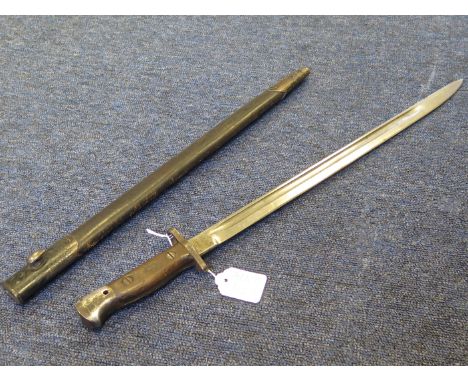 A Pattern 1904 bayonet in its steel mounted leather scabbard with teardrop scabbard. Pommel marked 'RAF-1A-5259' (some pittin