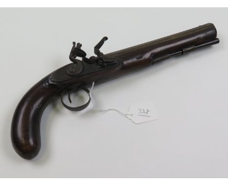 Pistol: An Officers flintlock pistol circa 1800 engraved lock marked ''Gray''. Swan neck cock engraved with a stand of arms. 