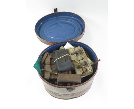 Miscellaneous: A large hat tin full of military & other leather work. Includes ammunition pouches (1907, Jewel 1918 etc) belt