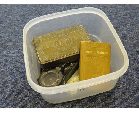 WW1 1917 dated trench whistle with 1914 brass Princess Mary gift tin 1917 director no 1 soldiers pocket knife, soldiers bible