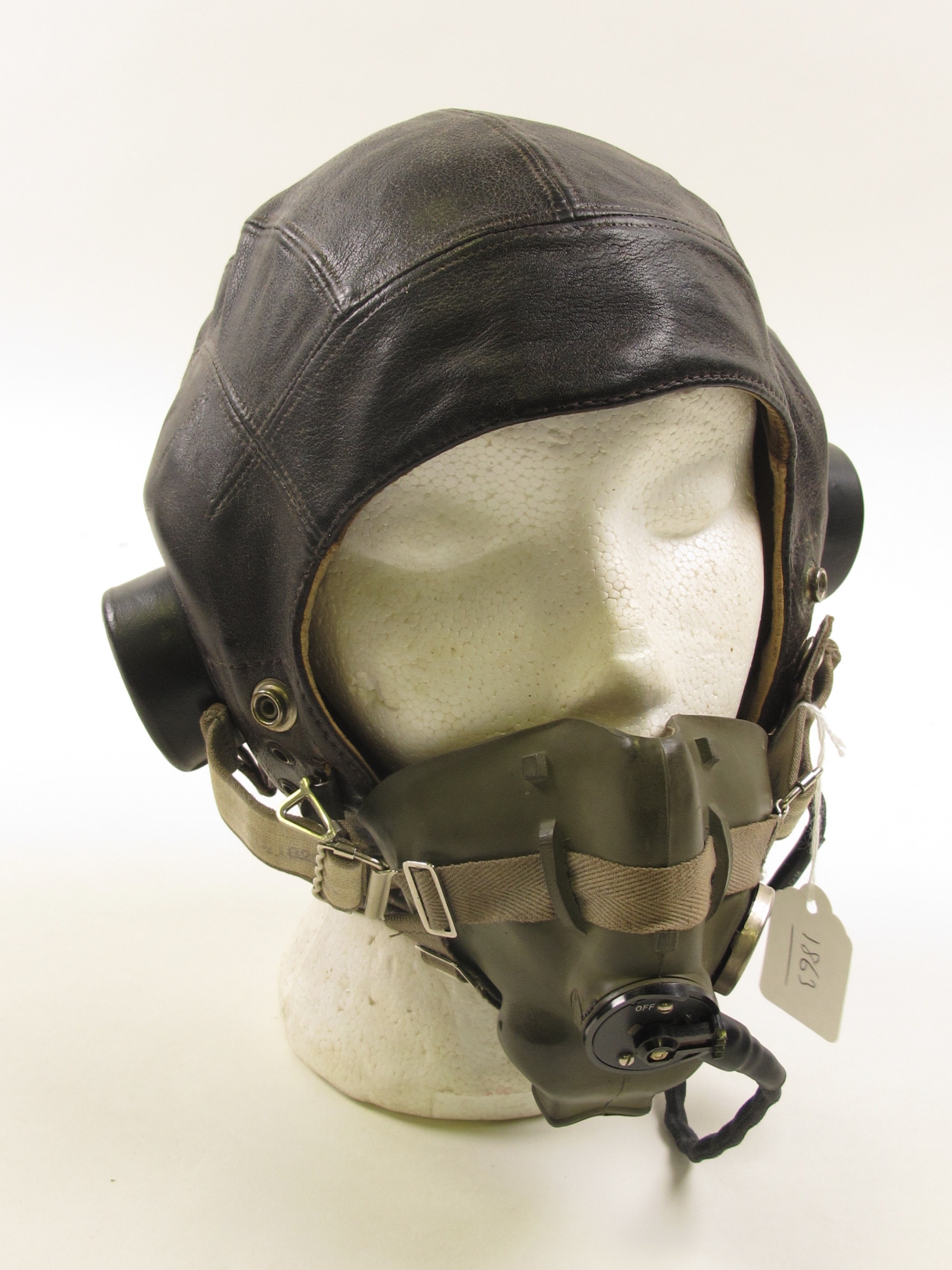 WW2 RAF Pilots leather helmet with oxygen mask, and radio attachments ...