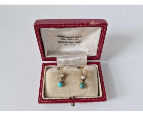 Antique Gold, pearl & turquoise drop earrings presented in a fitted box by Robinson & Co, Shrewsbury