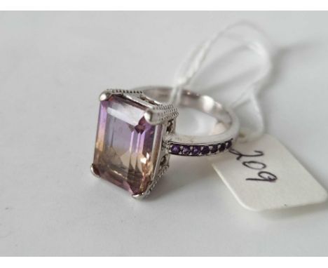A amertrine and amethyst silver ring
