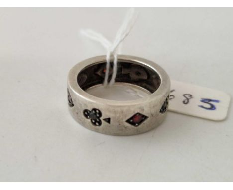 A unusual silver ring with card&nbsp;suits set with&nbsp; garnets and sapphires size R