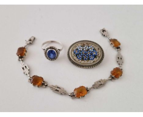 A silver mounted bracelet ring and mosaic brooch