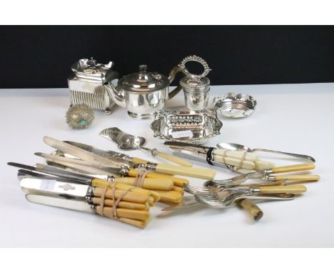 White metal detailed conker trinket box with a selection of silver plated tableware items and cutlery including ornate cake k