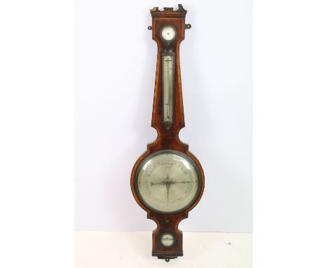19th Century mahogany banjo barometer by T Pini of Leith Lane with inlaid case and mercury thermometer to neck. Measures 108c