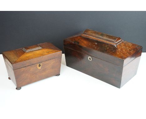 Antique tea caddy with two removable wooden compartments and central mixing bowl compartment, 18cm high, 31cm wide, 16cm deep