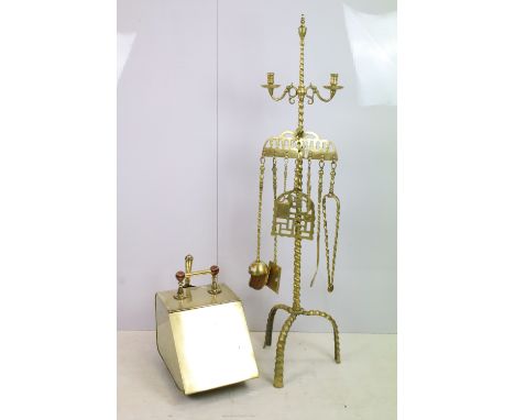 Tall barley twist candelabra stand with brass fireplace tools H 135cm along with vintage brass coal scuttle with floral handl