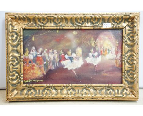 Vintage oil painting on board of ballerinas at a ball with Belgian stamp on back, signed