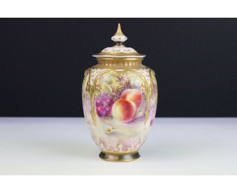 Royal Worcester hand painted fruit study design potpourri lidded vase urn with pierced domed lid and petite finial, back stam