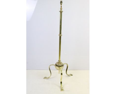 20th century tall brass floor lamp stand on tripod feet with twisted orb detail base H 130cm 