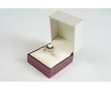 Silver CZ sapphire and opal central panelled dress ring 