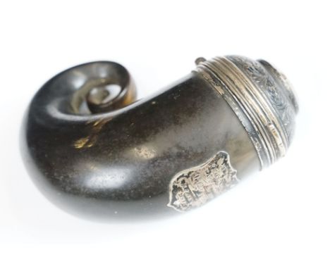 19th Century Scottish horn snuff mull, with engraved plaque ' IK Mackenzie Esq Captain 92nd Highlanders to R Macgregor, K Ran