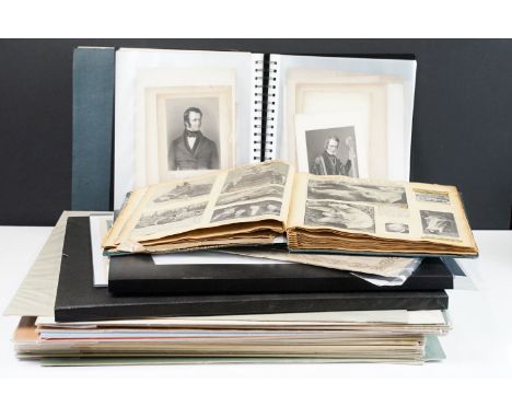 Collection of vintage car advertising prints within card mounts, an album of 19th Century portrait etchings including two pla