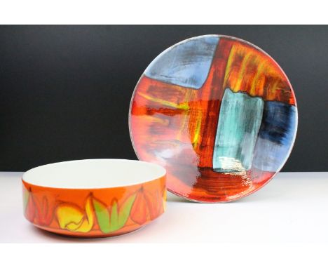 Poole pottery vibrant abstract centrepiece bowls, 20cm diameter x 7.5cm high and 27cm diameter x 6.5cm high 