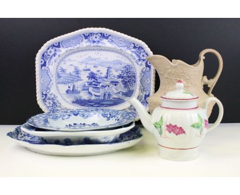 19th century drabware pitcher jug with thistles in relief pattern along with a small hand painted grape design teapot and a s