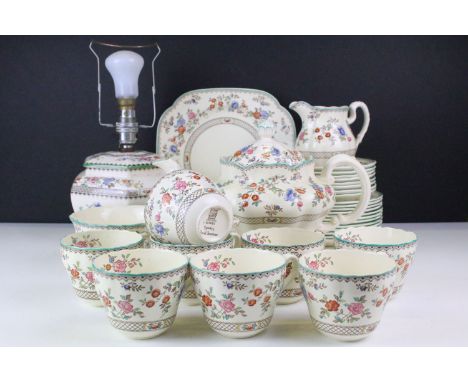 Spode 'Royal Jasmine' tea set to include tea pot, cake plate, milk jug, sugar bowl, eight tea cups, eight saucers and twelve 