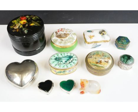 A Chinese pale jade carving of a seated cat, together with a group of enamel patch boxes, Russian lacquer box and other boxes
