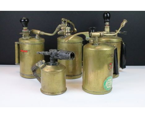 Vintage brass compressed air sprayers to include Dron-Wal and Green Label Brand advertising, total of five 